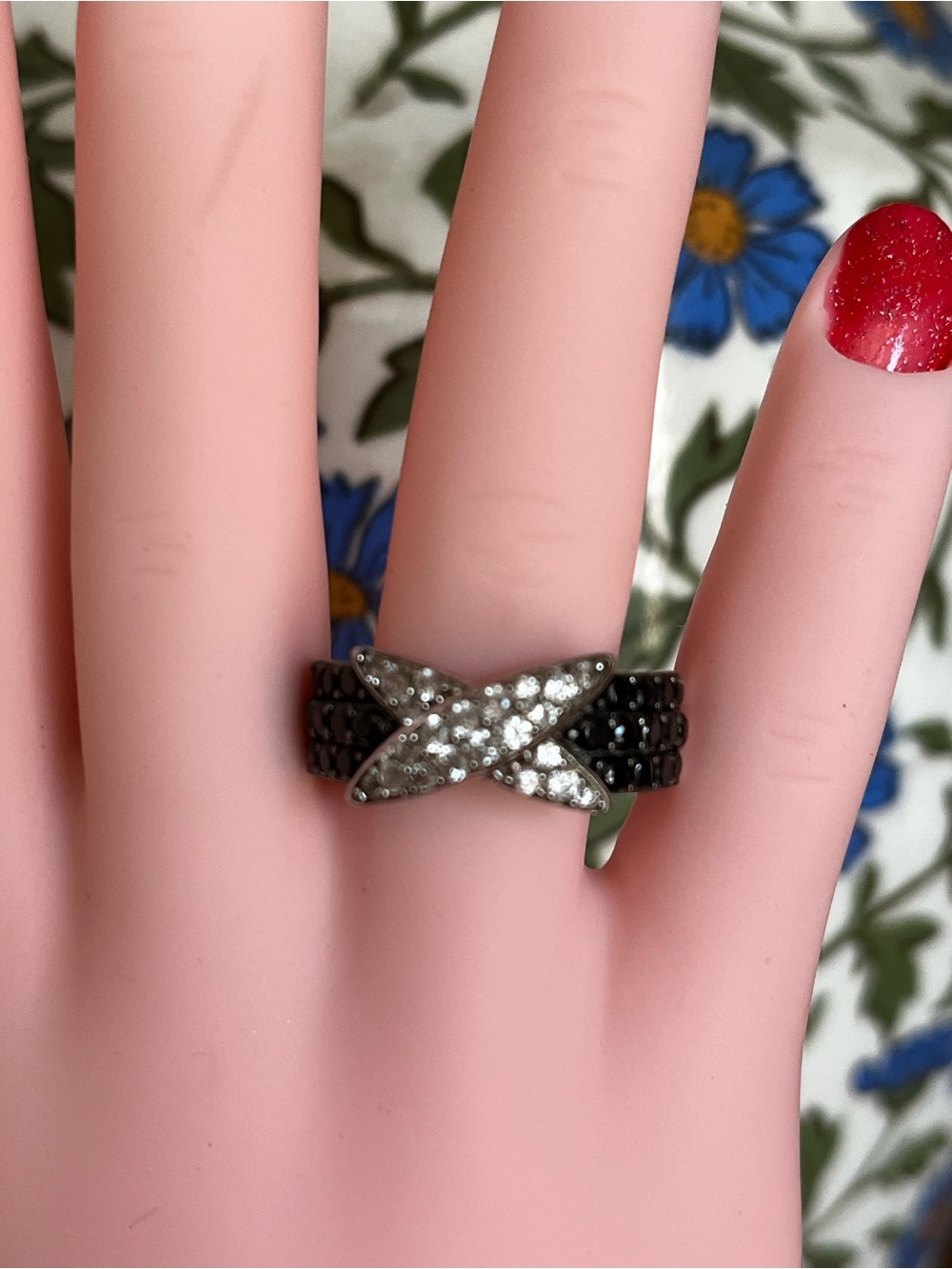 Black Spinel and Silver 925 Crystal X-Accent Ring Size 8